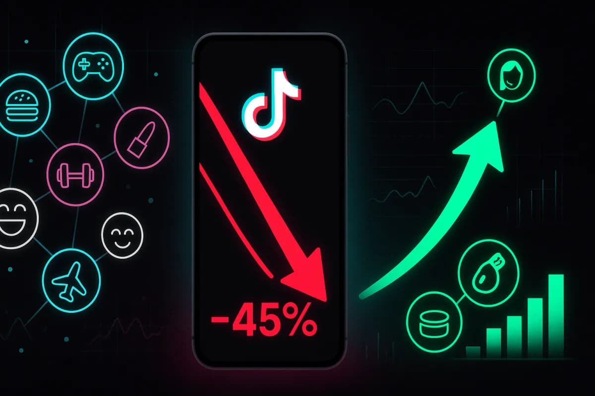TikTok penalità cross-nicchia -45%: visualizzazione del crollo di portata per account multi-argomento vs crescita degli account mono-nicchia, palette TikTok nero/ciano/magenta con accenti rosso allarme e verde crescita