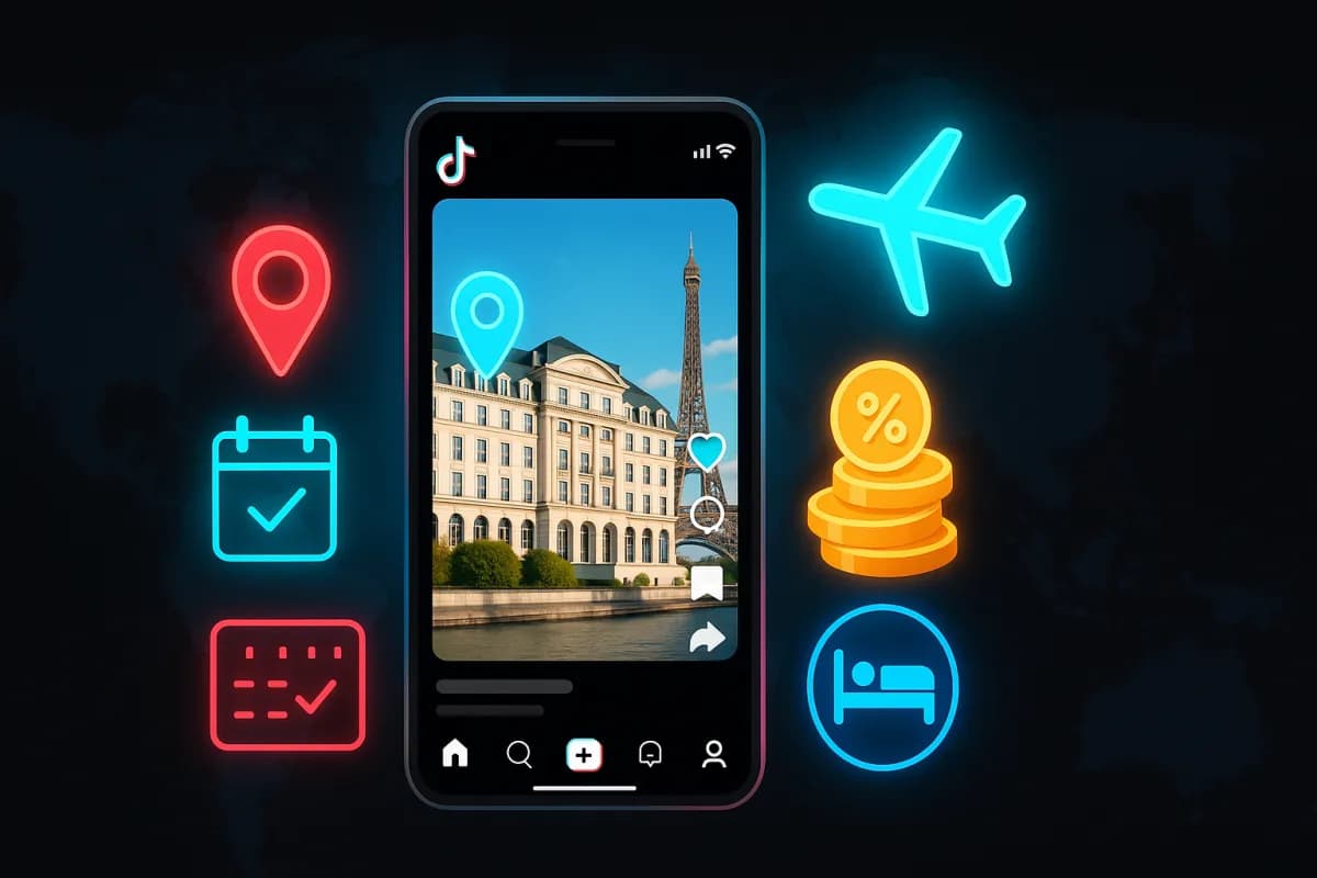 TikTok GO programma affiliazione viaggi 2026 — Reel TikTok con tag hotel, biglietti, attività e commissioni Booking/Expedia/Viator/GetYourGuide, palette nero/ciano/magenta con accenti oro per la monetizzazione