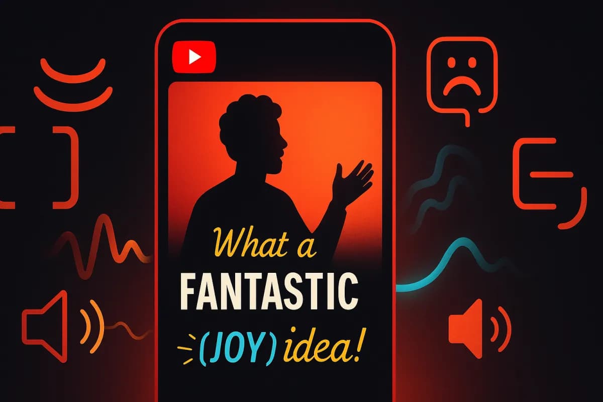 YouTube Expressive Captions IA — sottotitoli emozionali con tag [joy] [sadness] [sarcasm], maiuscole per le urla, allungamenti per l'enfasi, annotazioni soundscape, design editoriale dark con accenti rossi YouTube e ciano/giallo IA