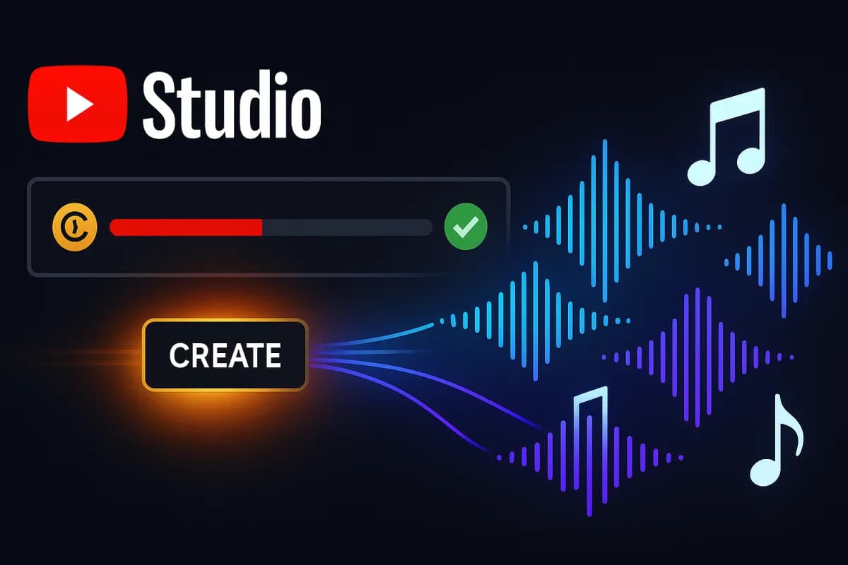 YouTube Replace Song IA — pulsante Create in YouTube Studio che genera 4 strumentali royalty-free per risolvere una rivendicazione Content ID, design editoriale dark con accenti rosso YouTube e ciano/viola IA